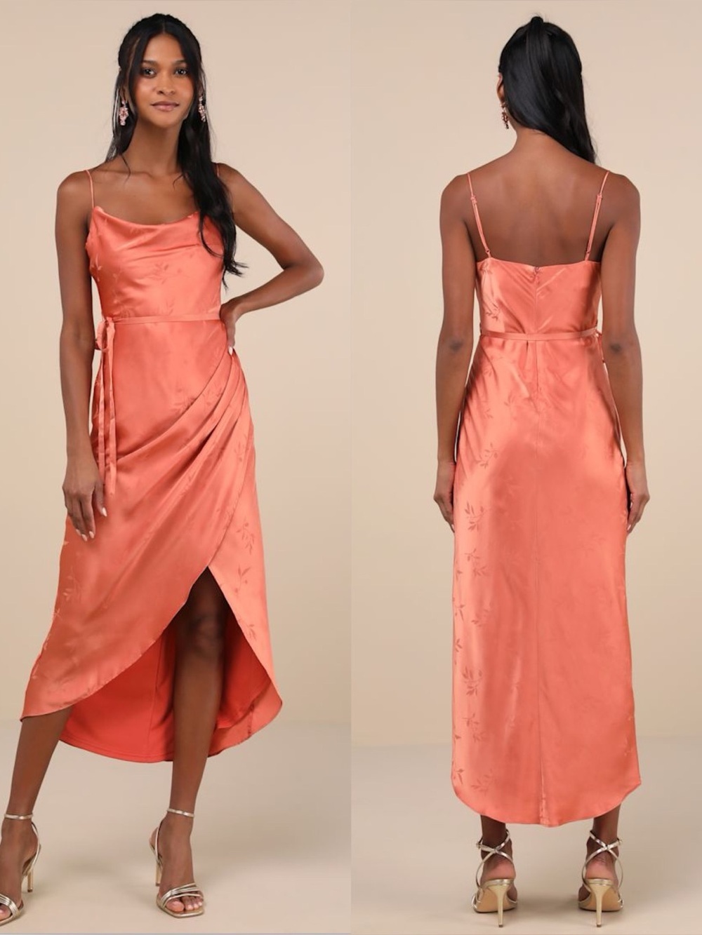 LULU'S Sophisticated Sight Peach Satin Jacquard Cowl Midi Dress